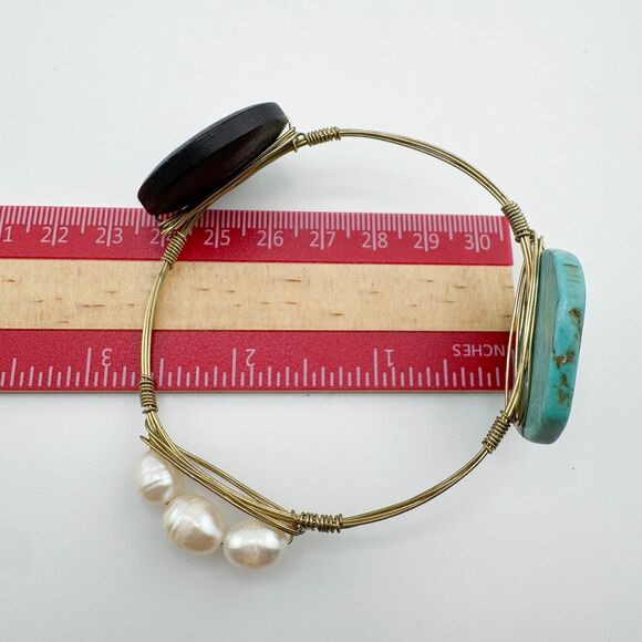 Bohemian Wire Wrapped Bracelet Turquoise Color Stone Wood Faux Pearl Bangle - Picture 9 of 9